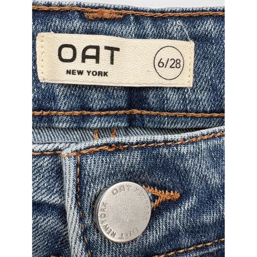 OAT New York Mid Rise Kick Flare Jeans Size 6/28 Blue Denim Button Fly Versatile